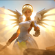 Mercy's angelic wings glow with a warm yellow light as she reaches out her hand to help a girl trapped in rubble.